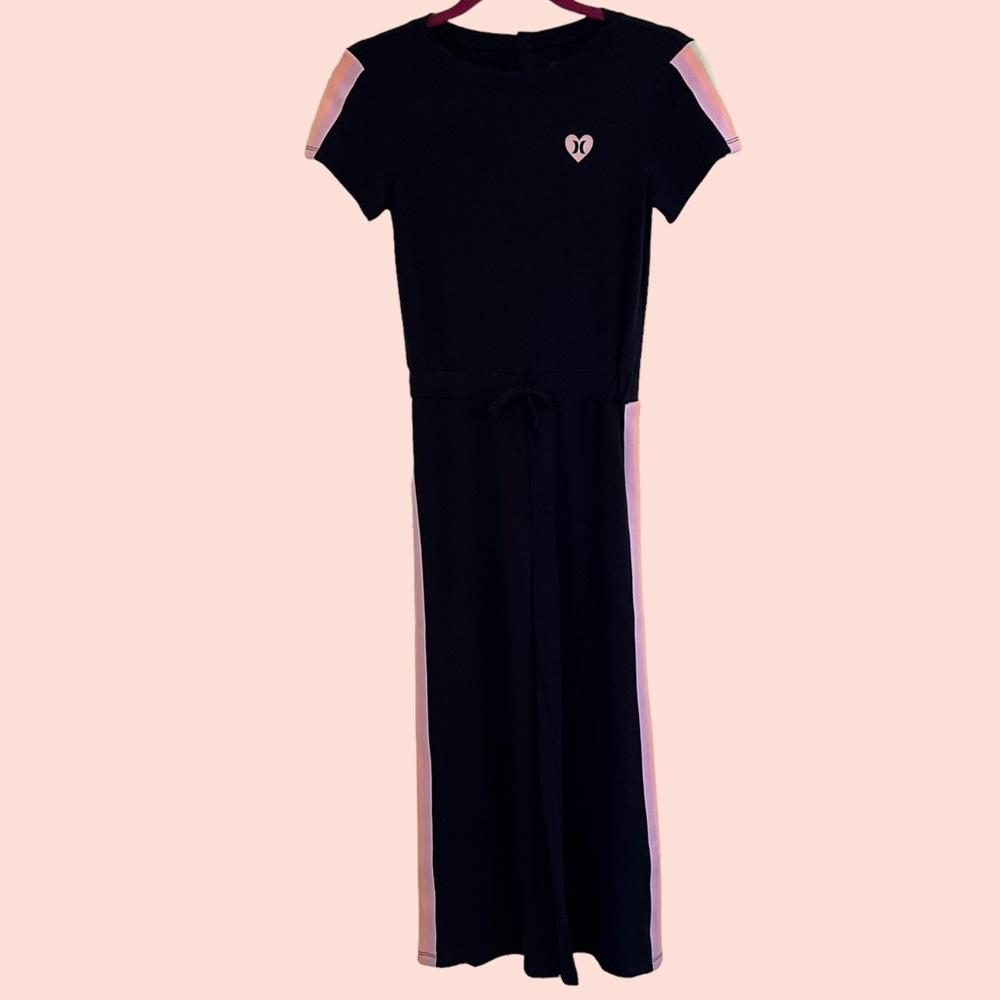 Hurley Girls Black Short Sleeve Jersey Knit Jumpsuit with Pastel Sport Stripes